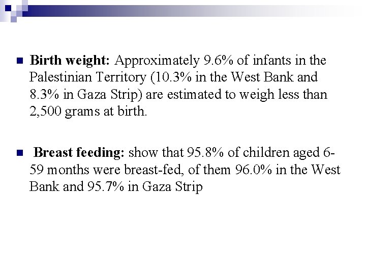 n Birth weight: Approximately 9. 6% of infants in the Palestinian Territory (10. 3%