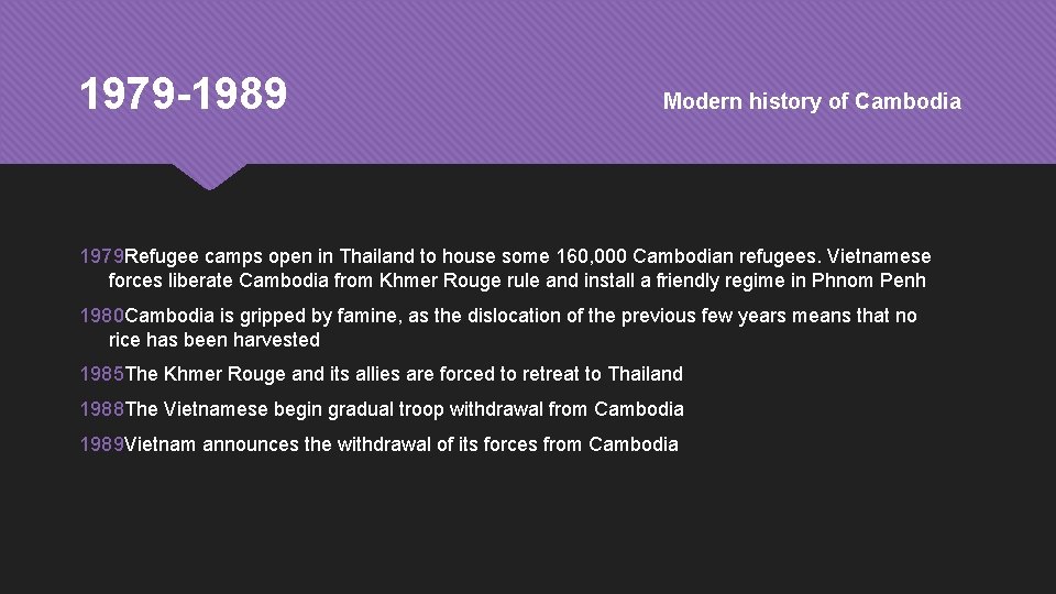 1979 -1989 Modern history of Cambodia 1979 Refugee camps open in Thailand to house