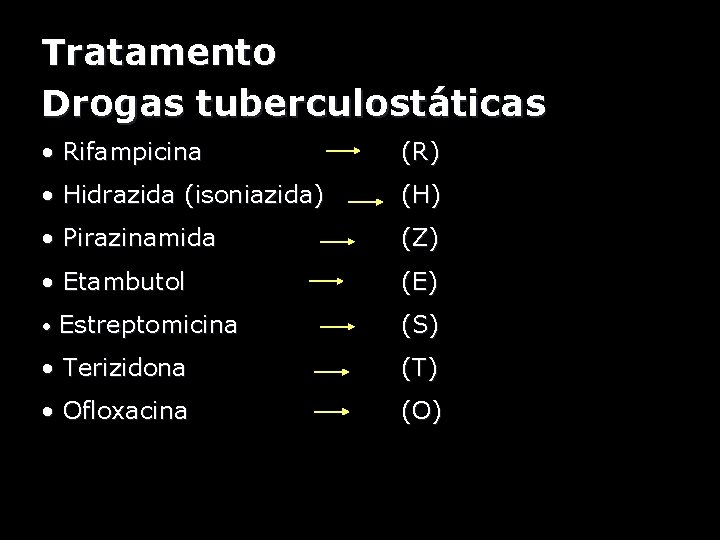 Tratamento Drogas tuberculostáticas • Rifampicina (R) • Hidrazida (isoniazida) (H) • Pirazinamida (Z) •