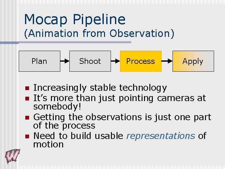 Mocap Pipeline (Animation from Observation) Plan n n Shoot Process Apply Increasingly stable technology