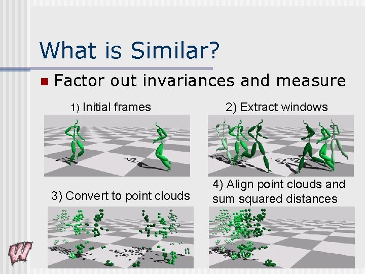 What is Similar? n Factor out invariances and measure 1) Initial frames 3) Convert