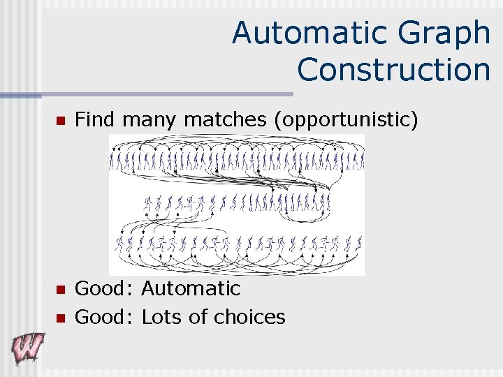 Automatic Graph Construction n Find many matches (opportunistic) n Good: Automatic Good: Lots of