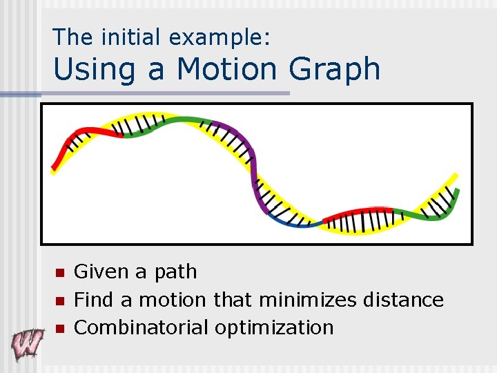 The initial example: Using a Motion Graph n n n Given a path Find