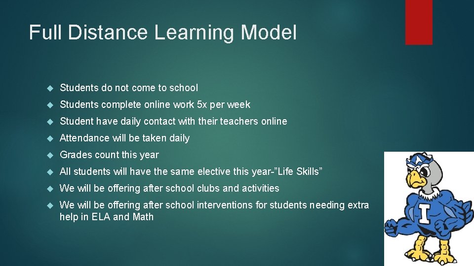 Full Distance Learning Model Students do not come to school Students complete online work