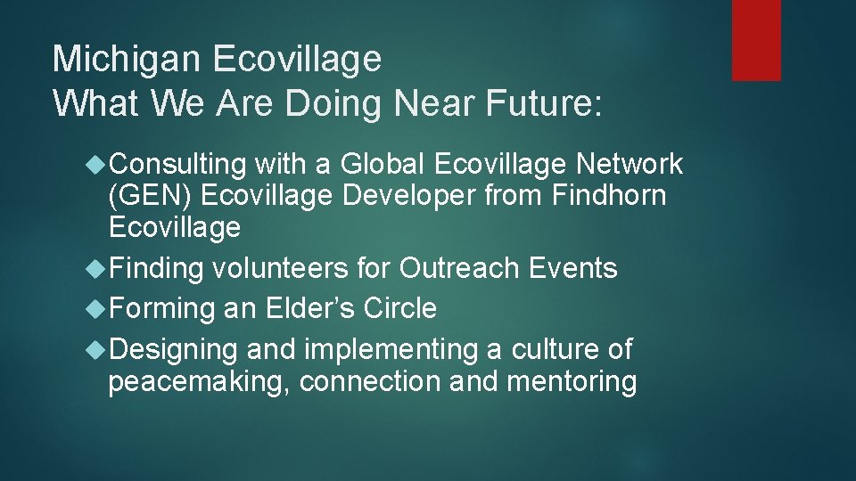 Michigan Ecovillage What We Are Doing Near Future: Consulting with a Global Ecovillage Network