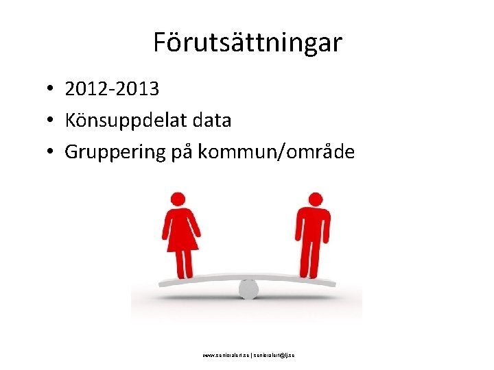 Förutsättningar • 2012 -2013 • Könsuppdelat data • Gruppering på kommun/område www. senioralert. se