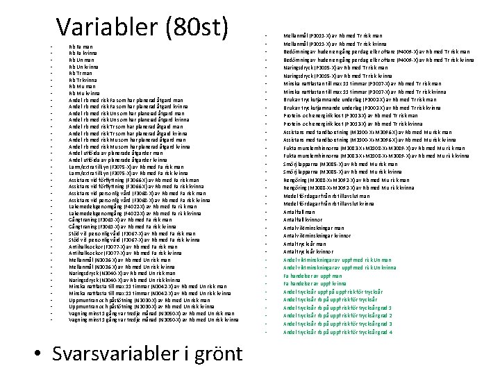 Variabler (80 st) • • • • • • • • • • •