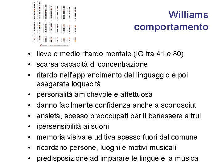 Williams comportamento • lieve o medio ritardo mentale (IQ tra 41 e 80) •