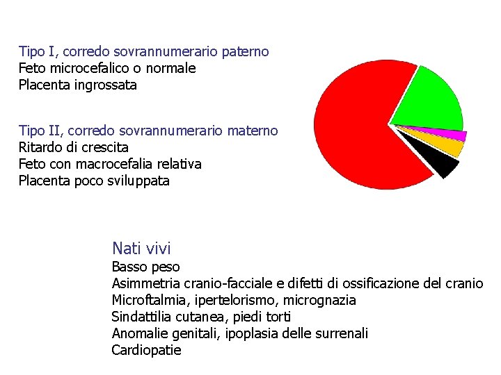 Tipo I, corredo sovrannumerario paterno Feto microcefalico o normale Placenta ingrossata Tipo II, corredo