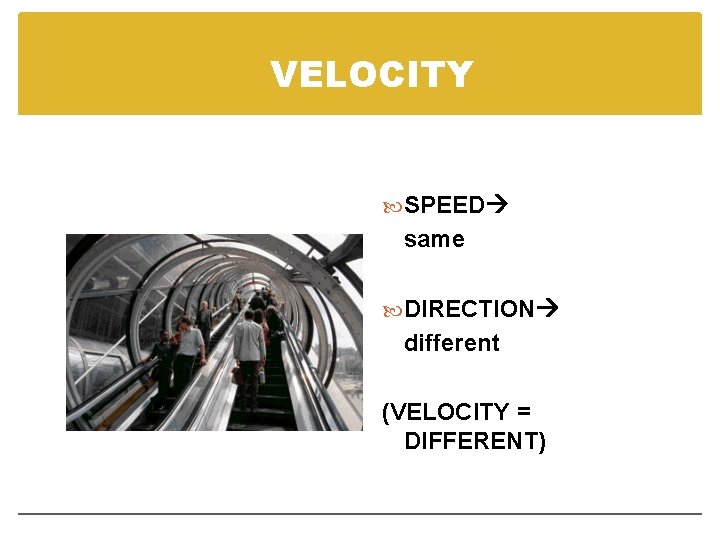 VELOCITY SPEED same DIRECTION different (VELOCITY = DIFFERENT) 