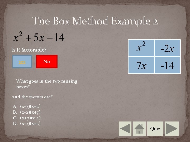 The Box Method Example 2 -2 x Is it factorable? yes No 7 x