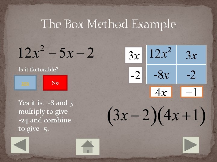 The Box Method Example 3 x 3 x Is it factorable? yes No Yes