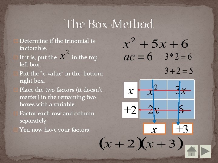 The Box-Method � Determine if the trinomial is factorable. � If it is, put