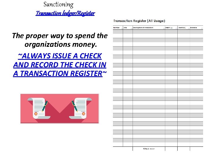 Sanctioning Transaction ledger/Register The proper way to spend the organizations money. ~ALWAYS ISSUE A