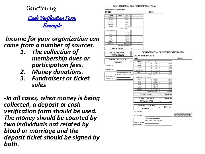 Sanctioning Cash Verification Form Example -Income for your organization can come from a number