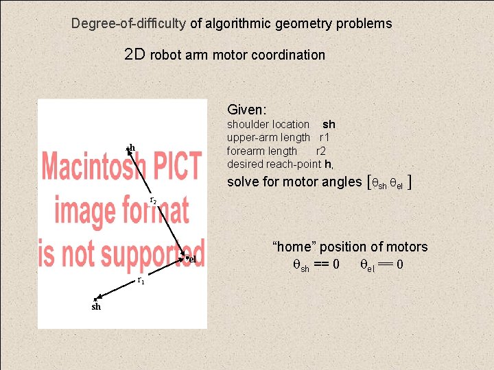 Degree-of-difficulty of algorithmic geometry problems 2 D robot arm motor coordination Given: shoulder location