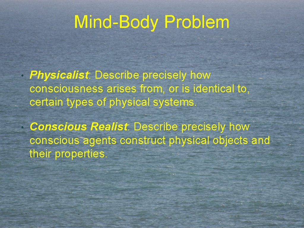 Mind-Body Problem • Physicalist: Describe precisely how consciousness arises from, or is identical to,