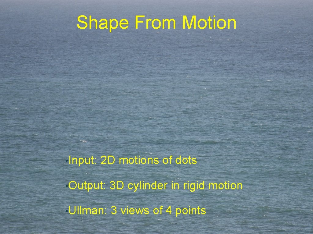 Shape From Motion • Input: 2 D motions of dots • Output: 3 D