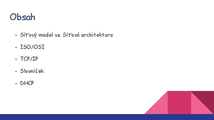 Obsah - Síťový model vs. Síťová architektura - ISO/OSI - TCP/IP - Slovníček -