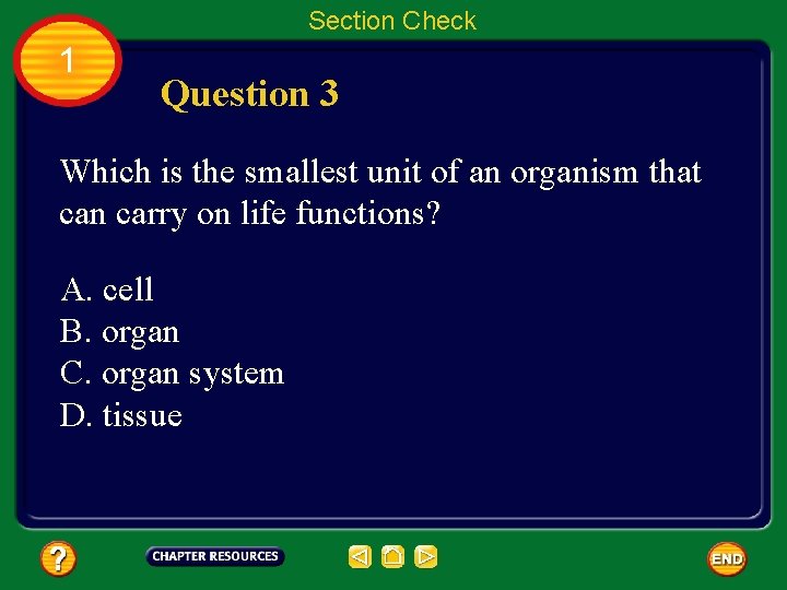 Section Check 1 Question 3 Which is the smallest unit of an organism that