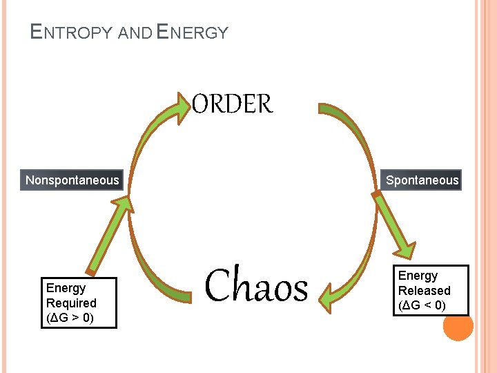 ENTROPY AND ENERGY ORDER Nonspontaneous Energy Required (ΔG > 0) Spontaneous Chaos Energy Released ENTROPY AND ENERGY ORDER Nonspontaneous Energy Required (ΔG > 0) Spontaneous Chaos Energy Released