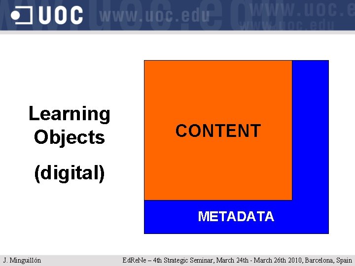 Learning Objects CONTENT (digital) METADATA J. Minguillón Ed. Re. Ne – 4 th Strategic
