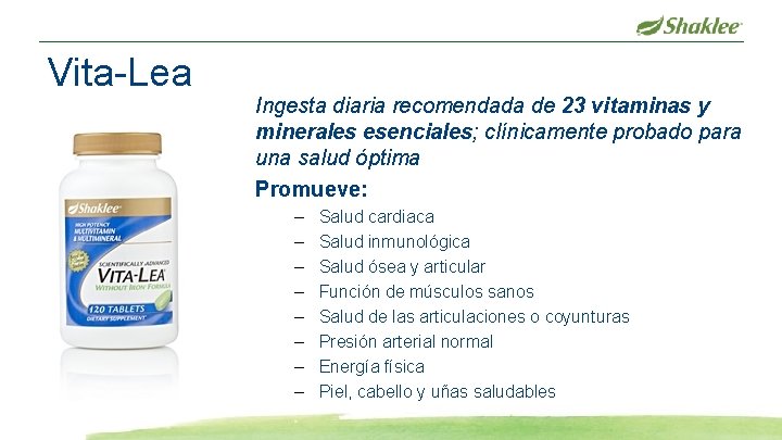 Vita-Lea Ingesta diaria recomendada de 23 vitaminas y minerales esenciales; clínicamente probado para una