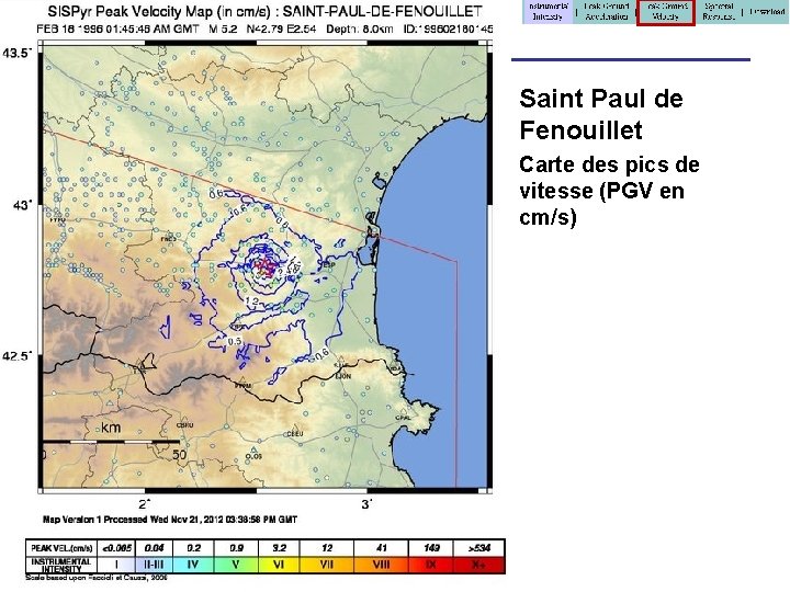 Saint Paul de Fenouillet Carte des pics de vitesse (PGV en cm/s) 