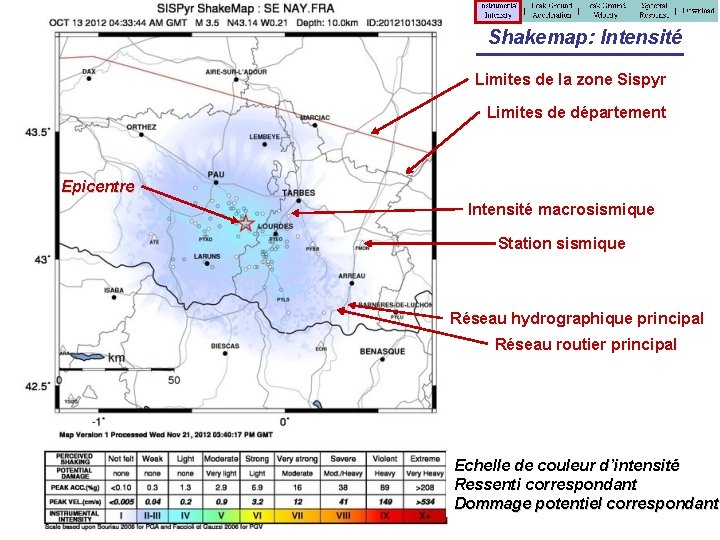 Shakemap: Intensité Limites de la zone Sispyr Limites de département Epicentre Intensité macrosismique Station