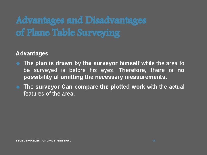 Advantages and Disadvantages of Plane Table Surveying Advantages The plan is drawn by the