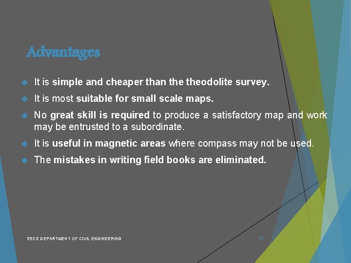 Advantages It is simple and cheaper than theodolite survey. It is most suitable for