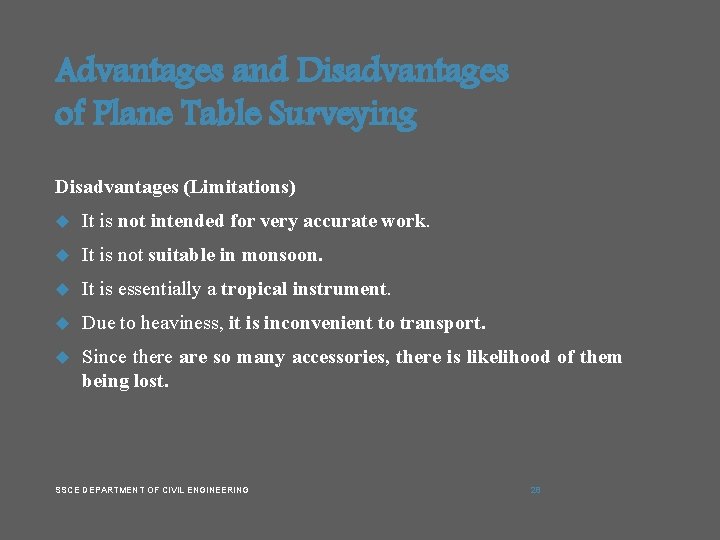 Advantages and Disadvantages of Plane Table Surveying Disadvantages (Limitations) It is not intended for