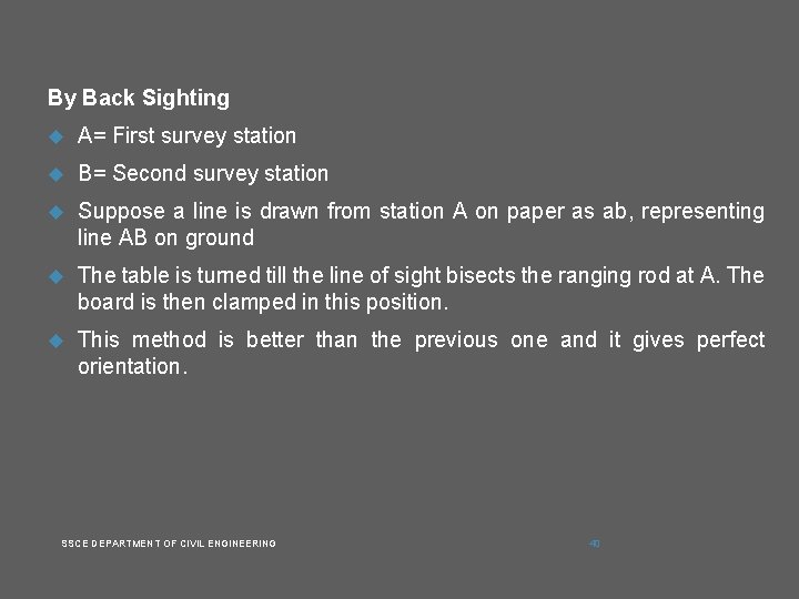 By Back Sighting A= First survey station B= Second survey station Suppose a line