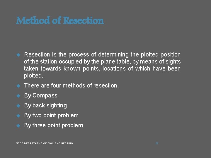 Method of Resection is the process of determining the plotted position of the station