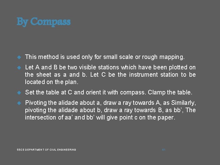 By Compass This method is used only for small scale or rough mapping. Let