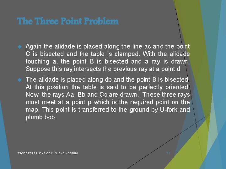 The Three Point Problem Again the alidade is placed along the line ac and