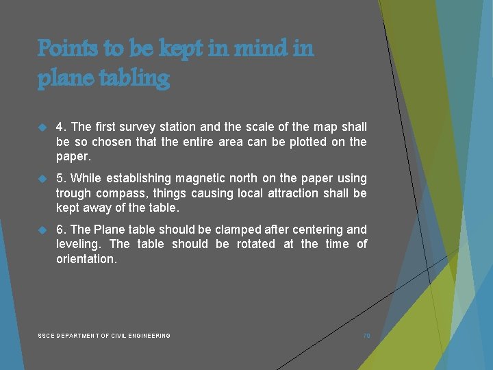 Points to be kept in mind in plane tabling 4. The first survey station