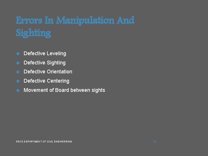 Errors In Manipulation And Sighting Defective Leveling Defective Sighting Defective Orientation Defective Centering Movement