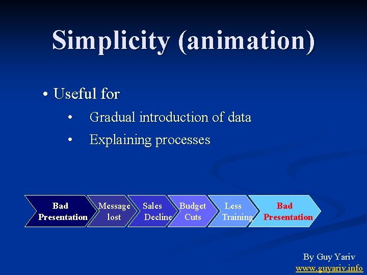 Simplicity (animation) • Useful for • • Bad Presentation Gradual introduction of data Explaining