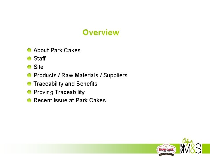 Overview About Park Cakes Staff Site Products / Raw Materials / Suppliers Traceability and