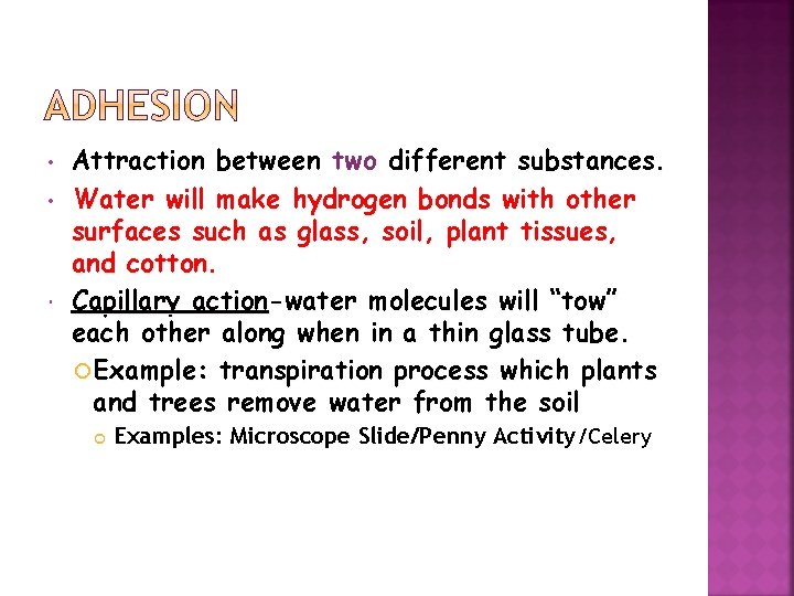  • • Attraction between two different substances. Water will make hydrogen bonds with