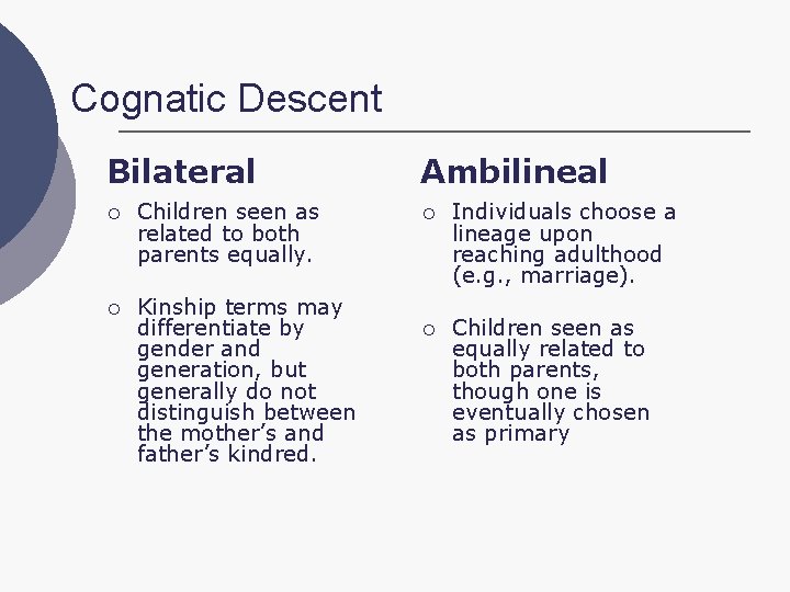 Cognatic Descent Bilateral ¡ Children seen as related to both parents equally. ¡ Kinship