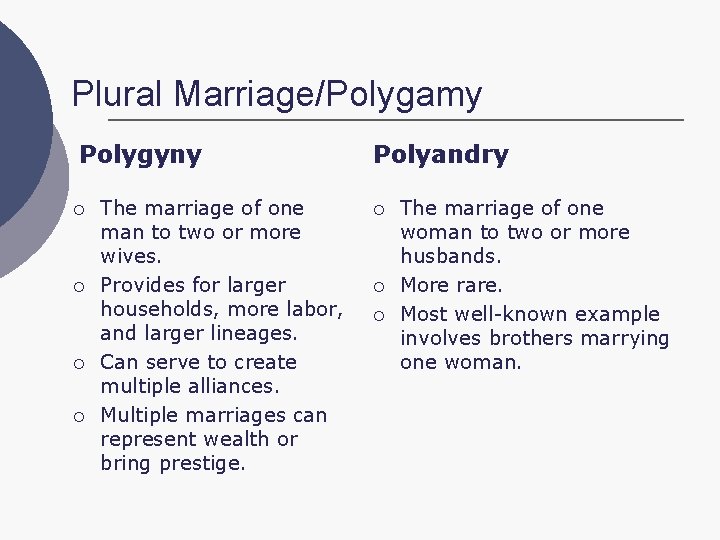 Plural Marriage/Polygamy Polygyny ¡ ¡ The marriage of one man to two or more