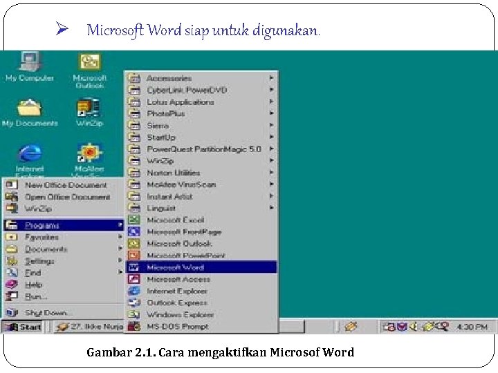 Ø Microsoft Word siap untuk digunakan. Gambar 2. 1. Cara mengaktifkan Microsof Word 