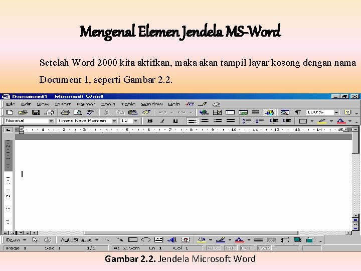 Mengenal Elemen Jendela MS-Word Setelah Word 2000 kita aktifkan, maka akan tampil layar kosong