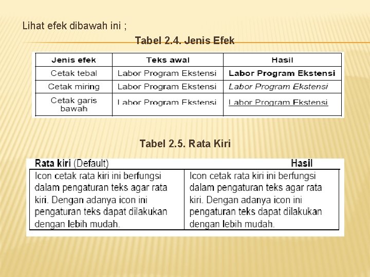 Lihat efek dibawah ini ; Tabel 2. 4. Jenis Efek Tabel 2. 5. Rata