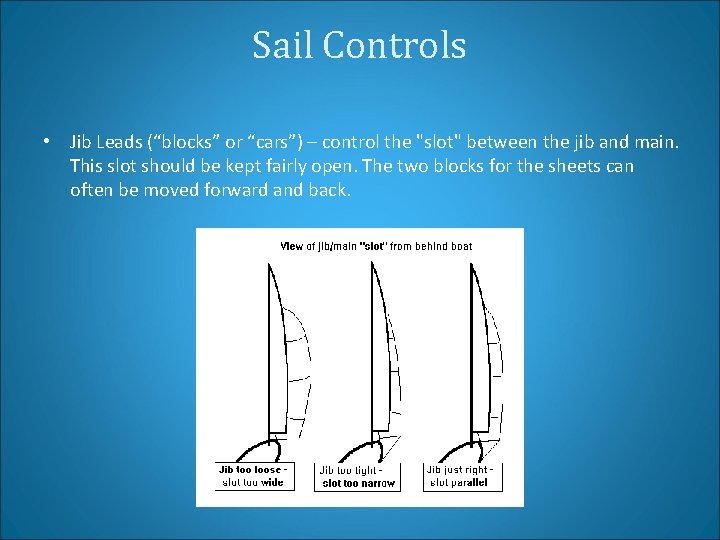 Sail Controls • Jib Leads (“blocks” or “cars”) – control the "slot" between the