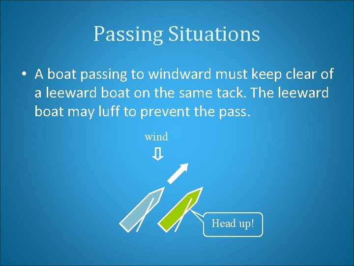 Passing Situations • A boat passing to windward must keep clear of a leeward