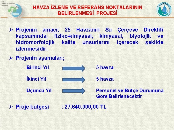 HAVZA İZLEME VE REFERANS NOKTALARININ BELİRLENMESİ PROJESİ Ø Projenin amacı; 25 Havzanın Su Çerçeve