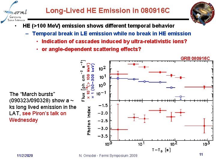 Long-Lived HE Emission in 080916 C • HE (>100 Me. V) emission shows different